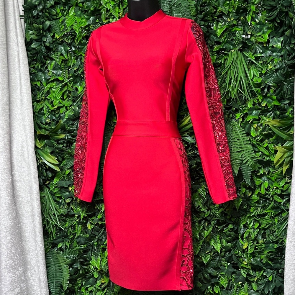 Venus Dress Size 8 Red Lace Sequin Long Sleeve Bandage Sheath 4199